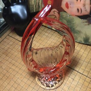 Murano Glass Basket Red Clear Cased Glass Open Handle Bypass Midcentury EVC